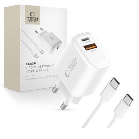 TECH-PROTECT NCA30 ΦΟΡΤΙΣΤΗΣ ΔΙΚΤΥΟΥ 2 ΘΥΡΩΝ PD 30W / QC3.0 + ΚΑΛΩΔΙΟ TYPE-C ΛΕΥΚΟ