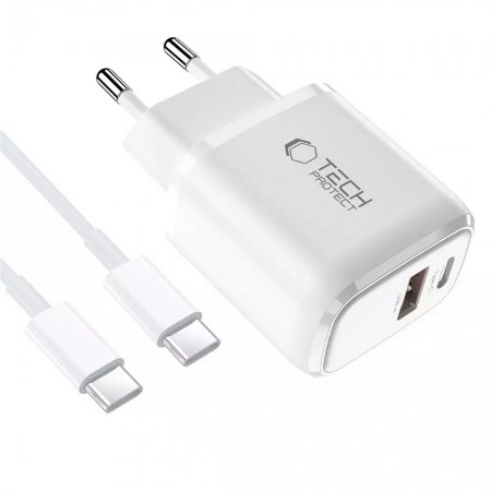 TECH-PROTECT NCA30 ΦΟΡΤΙΣΤΗΣ ΔΙΚΤΥΟΥ 2 ΘΥΡΩΝ PD 30W / QC3.0 + ΚΑΛΩΔΙΟ TYPE-C ΛΕΥΚΟ