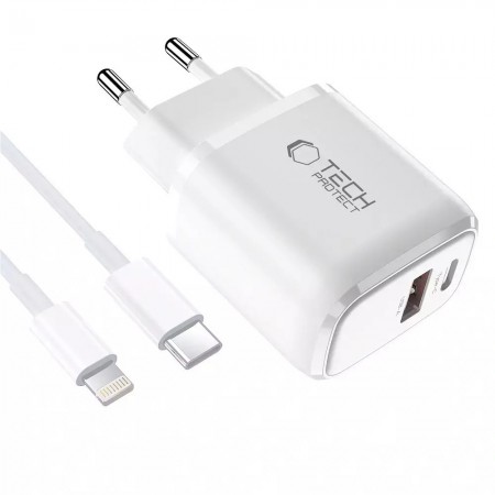 TECH-PROTECT NCA30 ΦΟΡΤΙΣΤΗΣ ΔΙΚΤΥΟΥ 2 ΘΥΡΩΝ PD 30W / QC3.0 + ΚΑΛΩΔΙΟ LIGHTNING ΛΕΥΚΟ